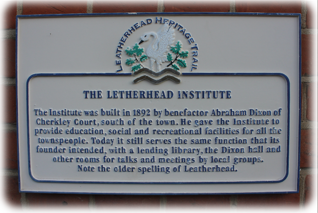 Plaque on the wall of the Leatherhead Institute